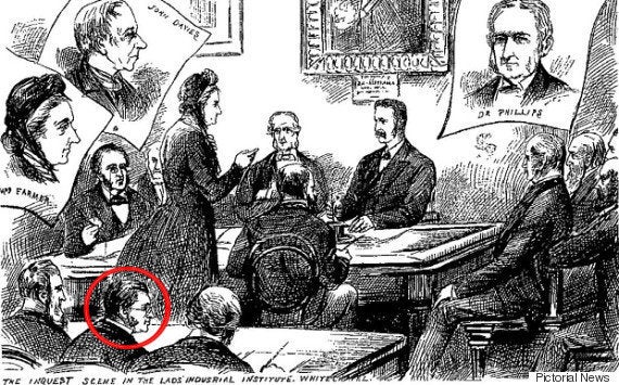 Dr Weston-Davies identifies the Ripper as Francis Spurzheim Craig - identified in this sketch as attending an inquest for one of the victims