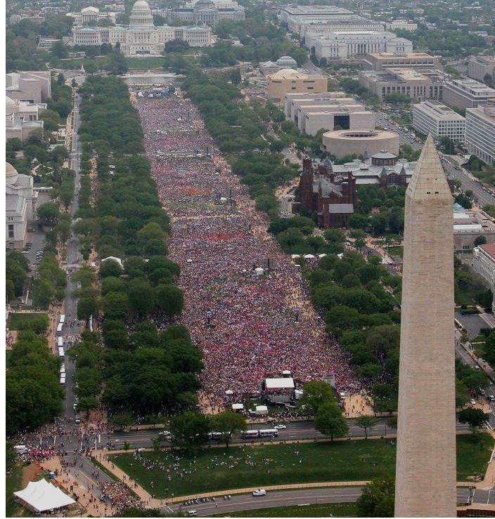 The number of Americans projected to lose their health insurance between 2017-2018 will be about 14 times this crowd size. Photo shows March for Women’s Lives, Feb 10, 2015, estimated between 800,000 and 1 million in attendance.