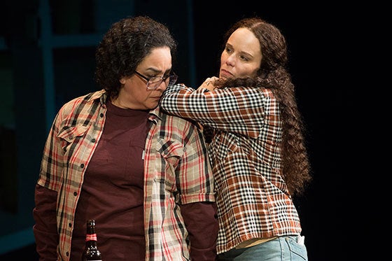 Catherine Castellanos as Connie Gonzalez with Sara Bruner as Norma McCorvey in a scene from <strong><em>Roe</em></strong>