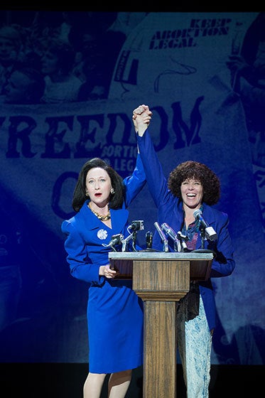 Amy Newman as Gloria Allred with Sara Bruner as Norma McCorvey in a scene from <strong><em>Roe</em></strong>