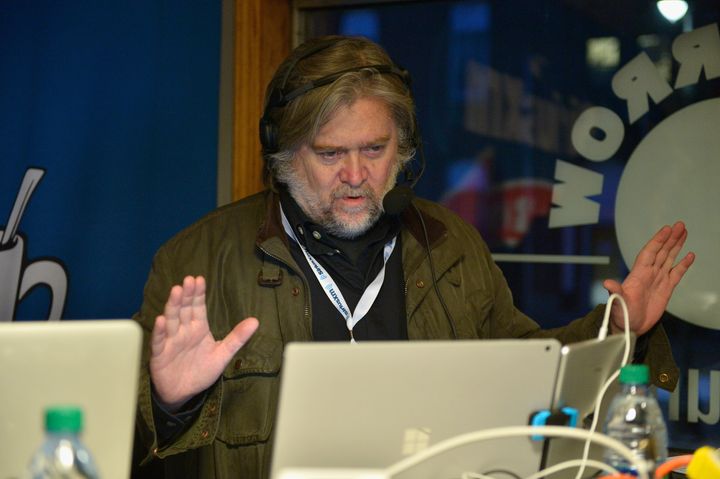 Former Breitbart News chairman Steve Bannon when he hosted the site's Sirius show during the New Hampshire primary. 