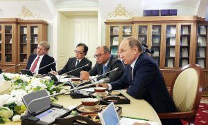 Russian President Vladimir Putin at a news conference in 2015 after a court ordered the Russian Federation to pay former Yuk