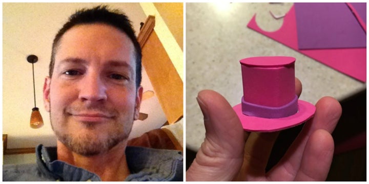 Chris Newsome (left) and the construction of a tiny top hat (right).