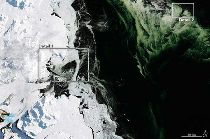 On March 5, 2017, NASA’s Operational Land Imager captured this view of water, sea ice and phytoplankton above Antarctic
