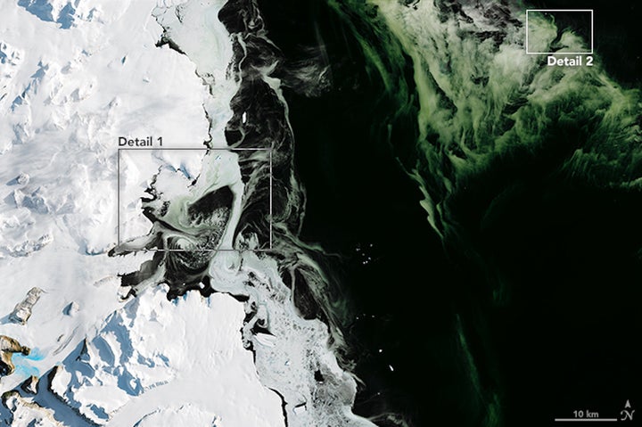 On March 5, 2017, NASA’s Operational Land Imager captured this view of water, sea ice and phytoplankton above Antarctica’s Granite Harbor near the Ross Sea. This first image shows a wide view of the area. The next two images show detailed views of the green slush ice.