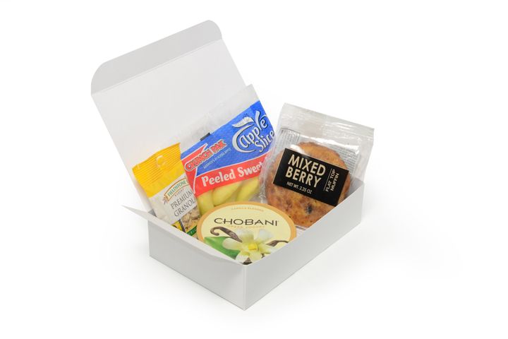 A continental breakfast box could include Chobani yogurt and something to do for 20 minutes.