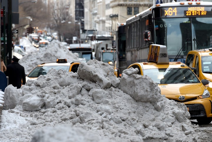 A giant pile of snow is seen on March 15, 2017 in New York City the morning after a massive snow storm whipped through&n