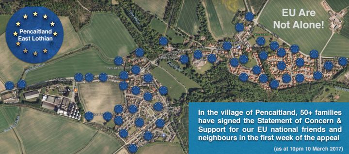 The approximate addresses of the households that have signed up, mapped over the an aerial shot of the village
