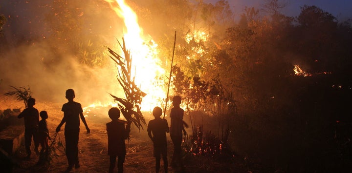 A bunch of Khasi children fire-fighters watch on, as the flames erupt in a slash and burn episode. 