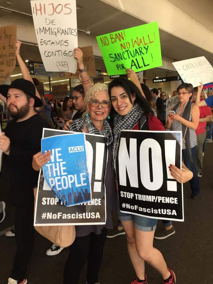 Iranian American Sara Khaloghli protesting Donald Trump’s “travel ban“ in Los Angeles, CA on January 28, 2017, almost four decades after Iranian women protested Ayatollah and impending fascism in Tehran.