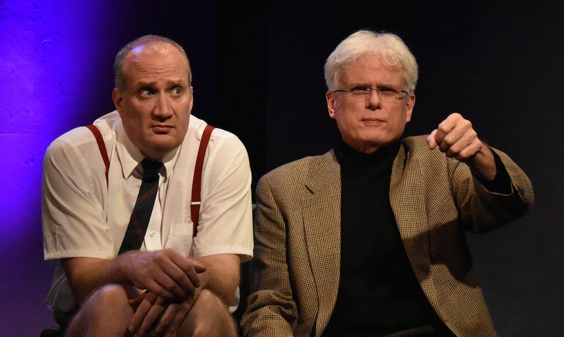 (l. – r.) Brendan Averett (as Andre the Giant) and Dave Sikula (as Samuel Beckett) in ‘Sam & Dede, or My Dinner With Andre