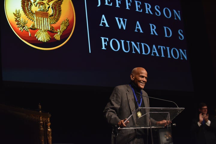 Harry Belafonte receives the Lifetime Achievement Award onstage during the Jefferson Awards Foundation ceremony on Wednesday. 