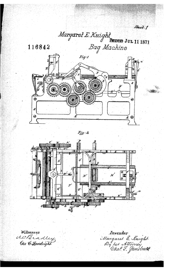 In 1868, while Margaret Knight was working at the Columbia Paper Bag Company, she began thinking about the possibility of a m