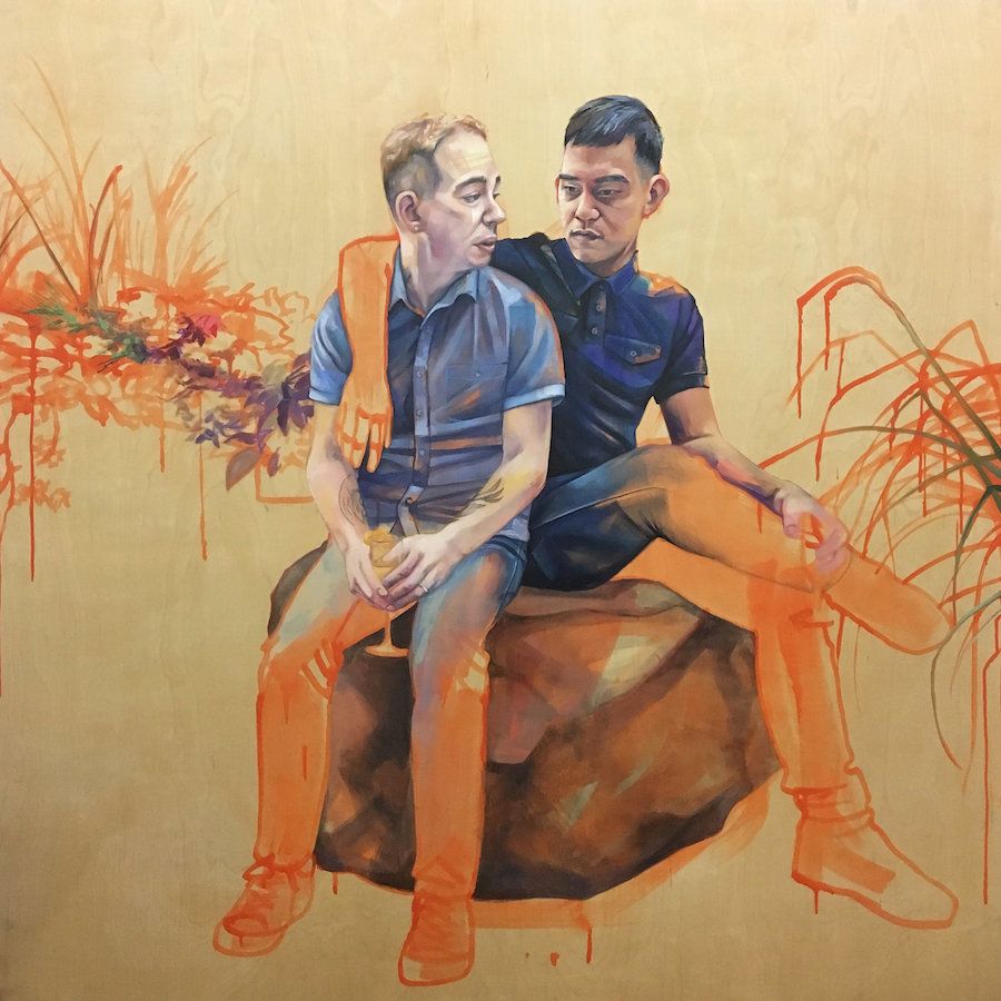 "Derek and James," Oil, pastel, and acrylic on panel, 48” x 48”, 2017.