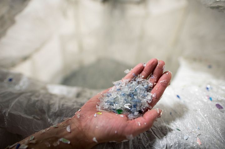 The sorted, washed, shredded and processed final recycled product is displayed at Blue Mountain Plastics in Shelburne, Ontario, Canada, on Feb. 9, 2017. Ice River Springs Co. packages spring water in recycled plastic bottles they manufacture at their Blue Mountain Plastics facility. Photographer: James MacDonald/Bloomberg via Getty Images