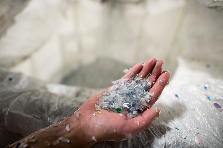 The sorted, washed, shredded and processed final recycled product is displayed at Blue Mountain Plastics in Shelburne, Ontari