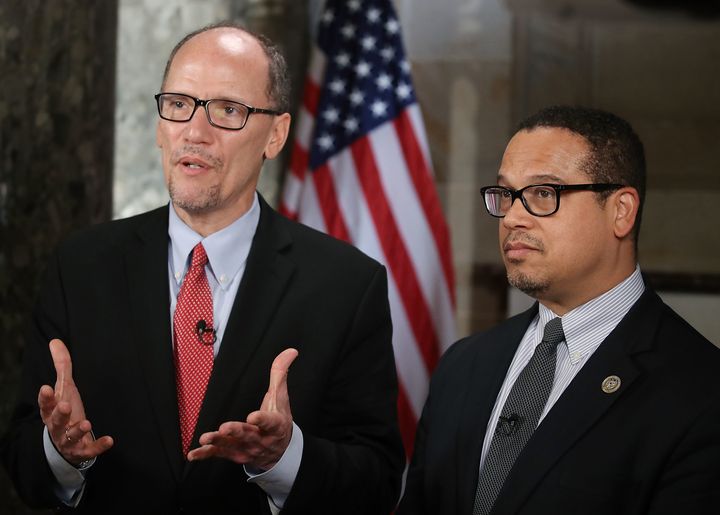 DNC chair Tom Perez, left, and Rep. Keith Ellison (D-Minn.) do an interview at the U.S. Capitol on Feb. 28, 2017. Perez now faces criticism for his transition team appointments.