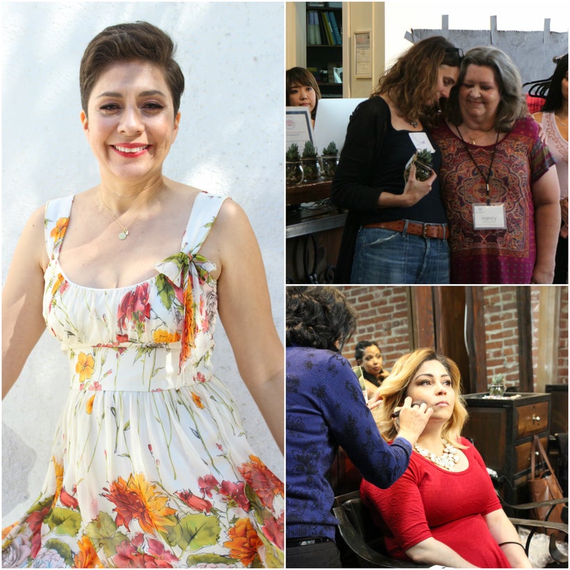 On left, a Living Beauty modeling for her photo shoot. Top right: Executive Director Nancy Davidson enjoys an embrace of grat