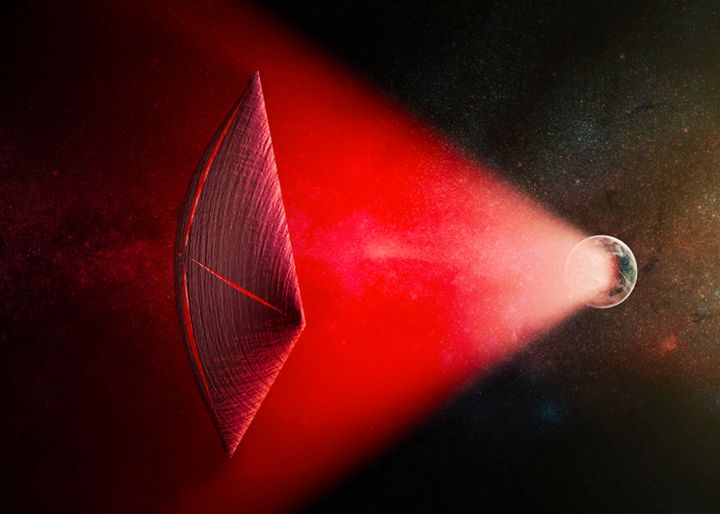 An artist's illustration of a light sail powered by a radio beam from the surface of a planet. The leakage from such beams as they sweep across the sky would appear as fast radio bursts.