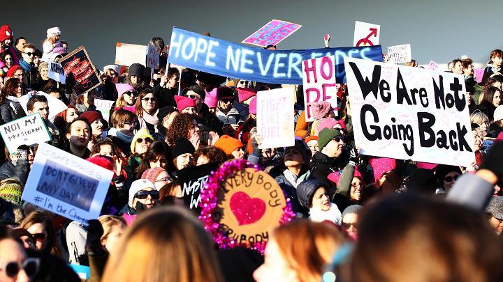 “We are not going back,” declares a sign from a protester at the Women’s March on Washington D.C. on January 20, 2017. The sl