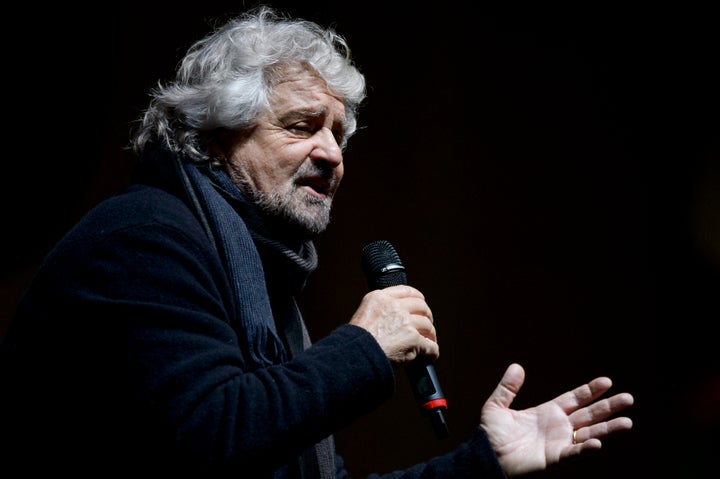 Beppe Grillo, founder of the Five Star Movement, speaks during a demonstration.