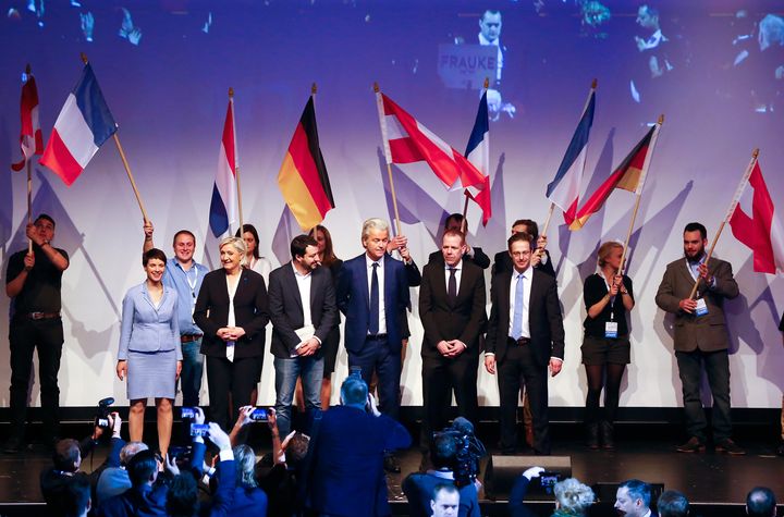 Geert Wilders stands in the middle of a line-up of European far-right leaders in January 2017