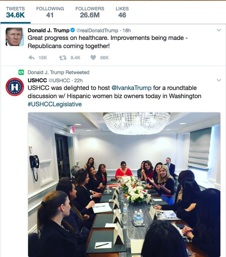 <p>President Trump retweets photo after Ivanka’s roundtable with Latina business owners</p>