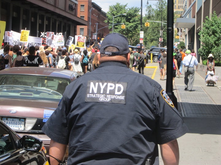 NYPD monitors Black Lives Matter march in August 2015.