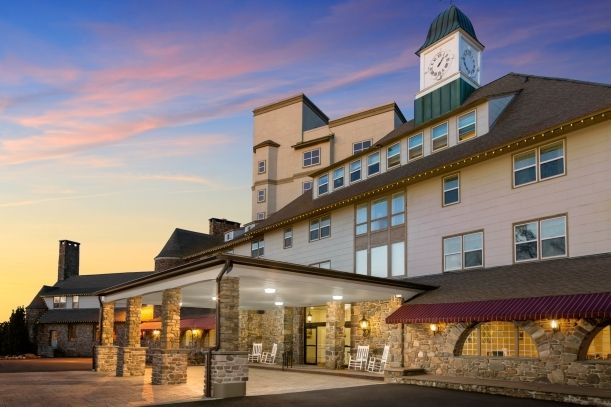 Pocono Manor Resort + Spa resort at dusk