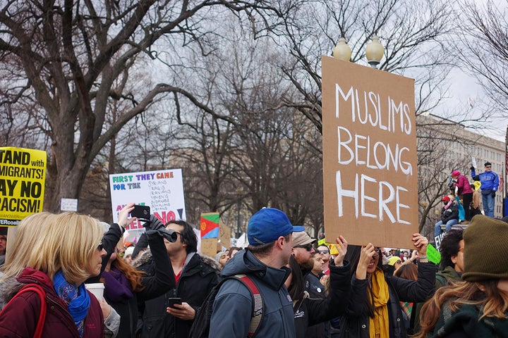 <p>Protesters of the Muslim ban at a January 29th rally in Washington, DC.</p>