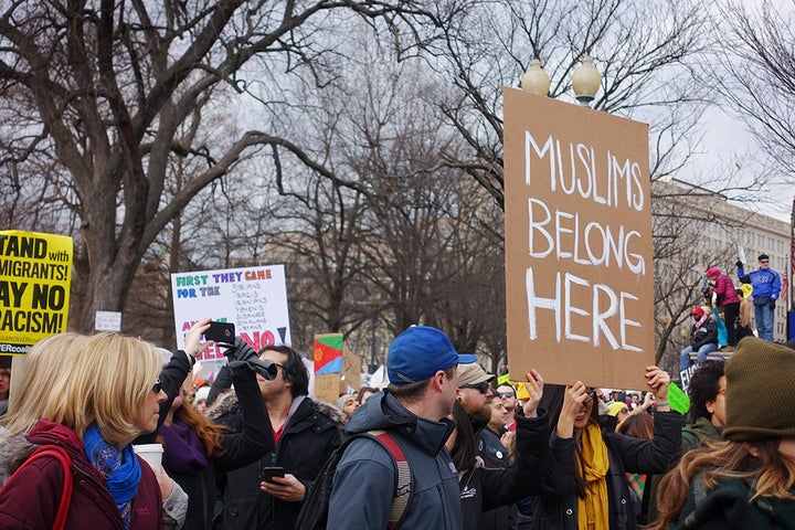 Protesters of the Muslim ban at a January 29th rally in Washington, DC.