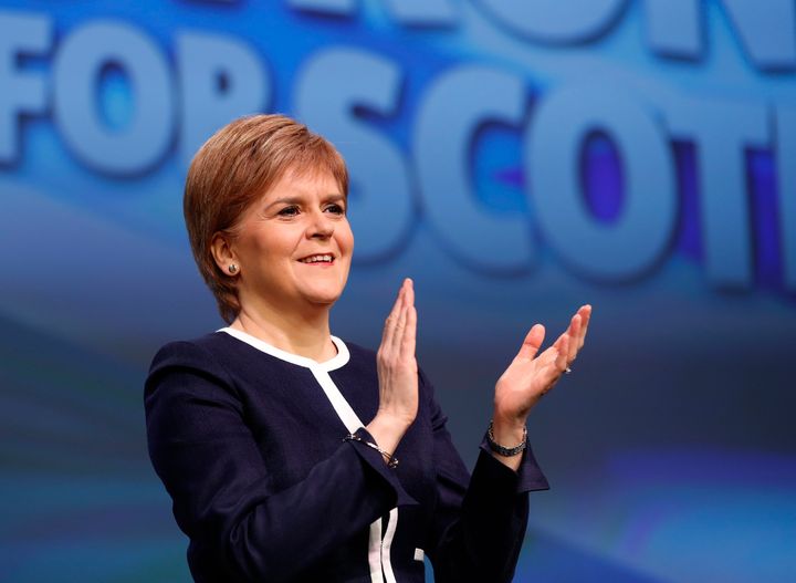 Sturgeon on stage at the SNP Spring conference on Friday