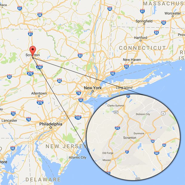 Scranton, Pennsylvania, is 120 miles north-west of New York City