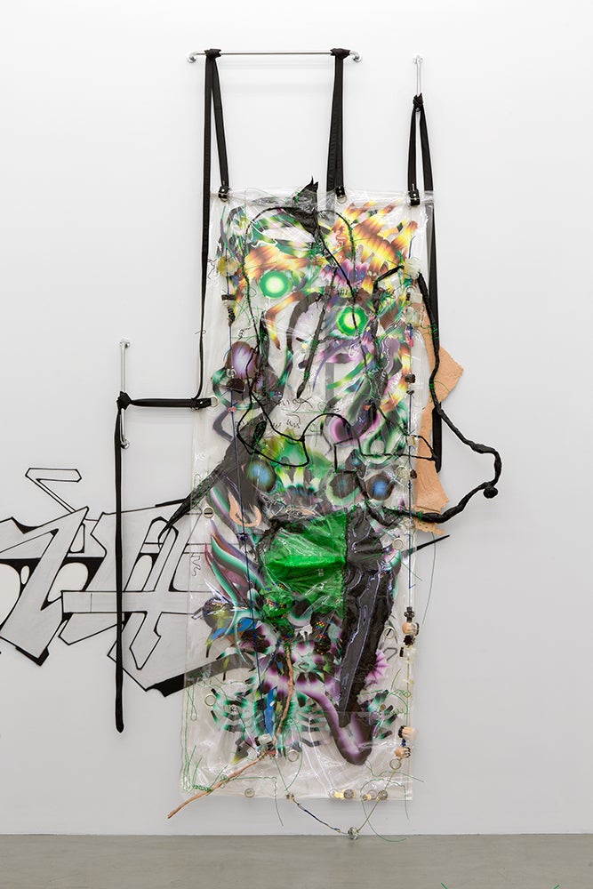KAYA, <em>Swarm Living Is For Bodybag Onion Braid</em>, 2015, metal, vinyl rope, oil on mylar, vinyl, grommets, epoxy, plexig