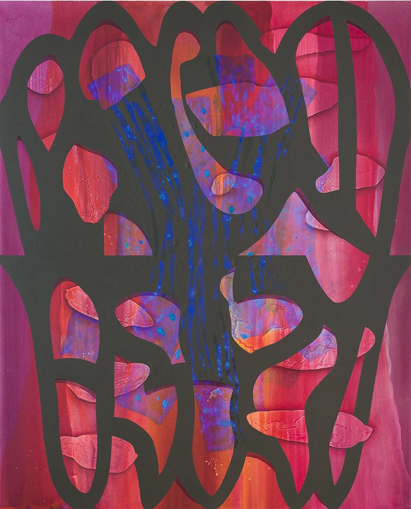 Carrie Moyer, <em>Glimmer Glass</em>, 2016. Acrylic and glitter on canvas, 96 x 78 in. (243.8 x 198.1 cm). Collection of the