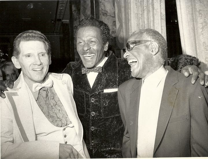 Jerry Lee Lewis, Chuck Berry, Ray Charles at Rock and Roll Hall of Fame induction dinner, January 1986.