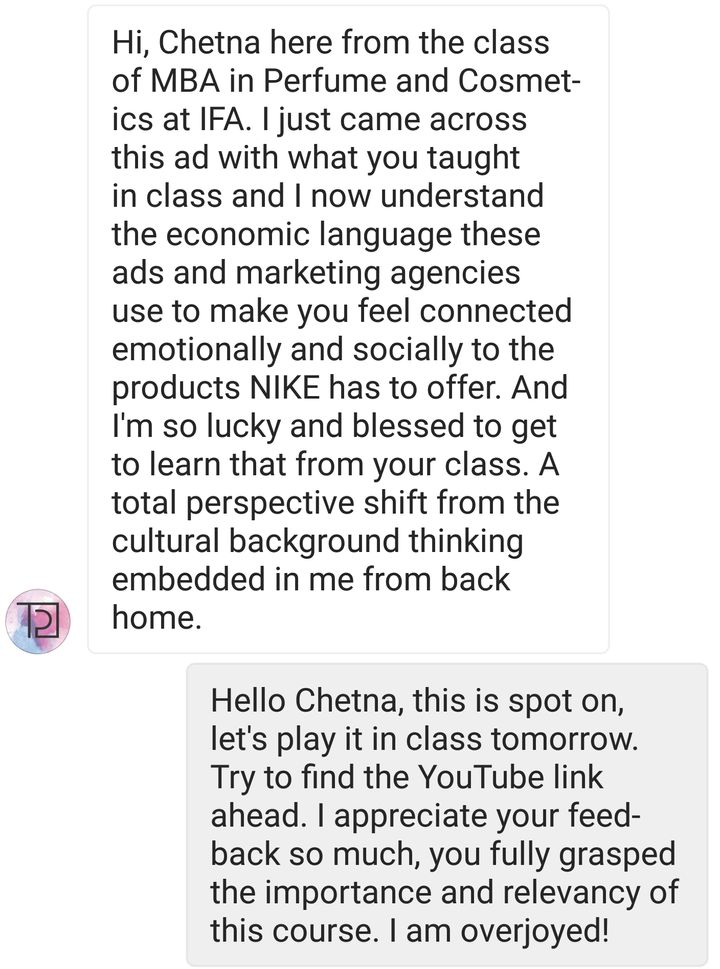 Instagram direct message exchange between Sissi Johnson (author) and one of her students