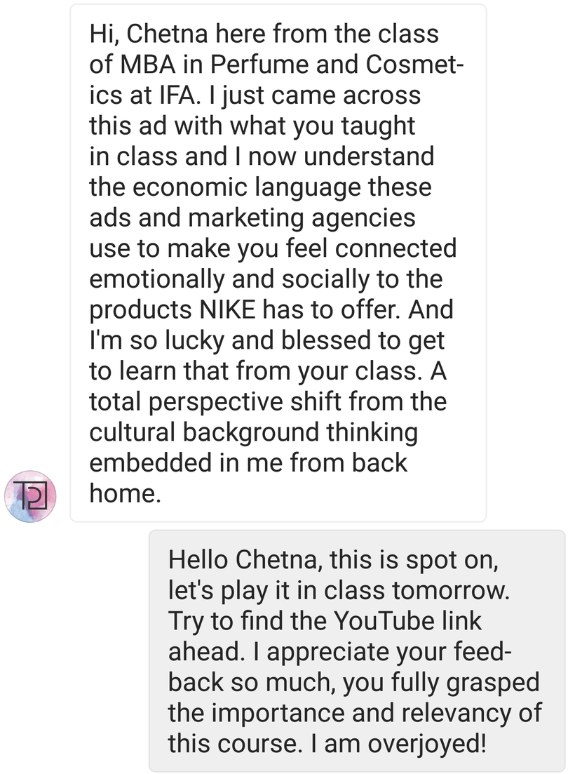 Instagram direct message exchange between Sissi Johnson (author) and one of her students