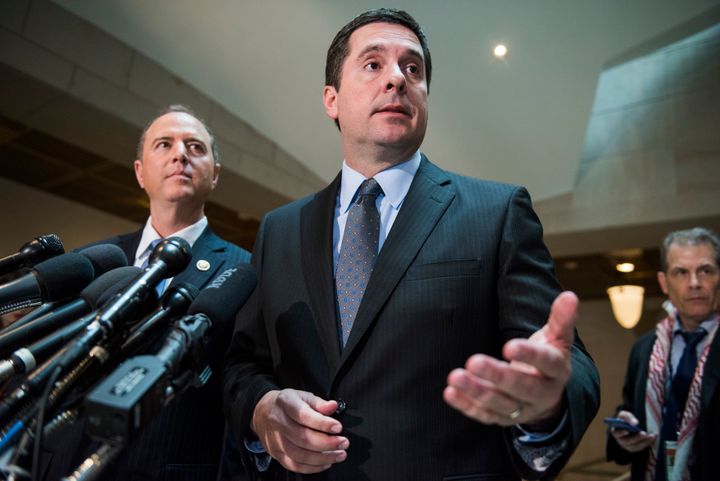Nunes, right, on Wednesday, announcing that the House Intelligence Committee had no evidence to support Trump's claim.