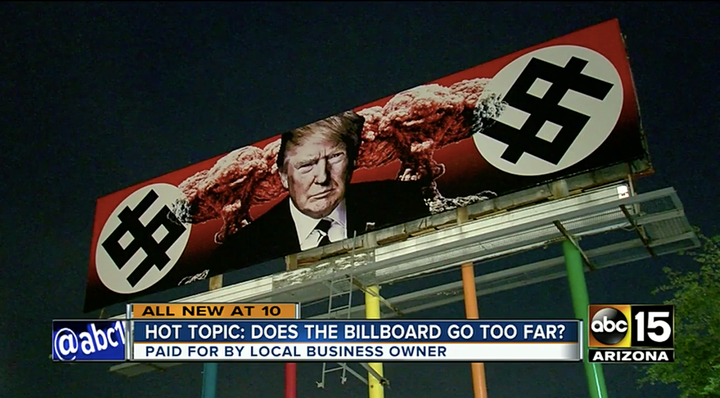 This anti-Trump billboard in Arizona has drawn heated opinions about its design, some who say its Nazi imagery goes too far.