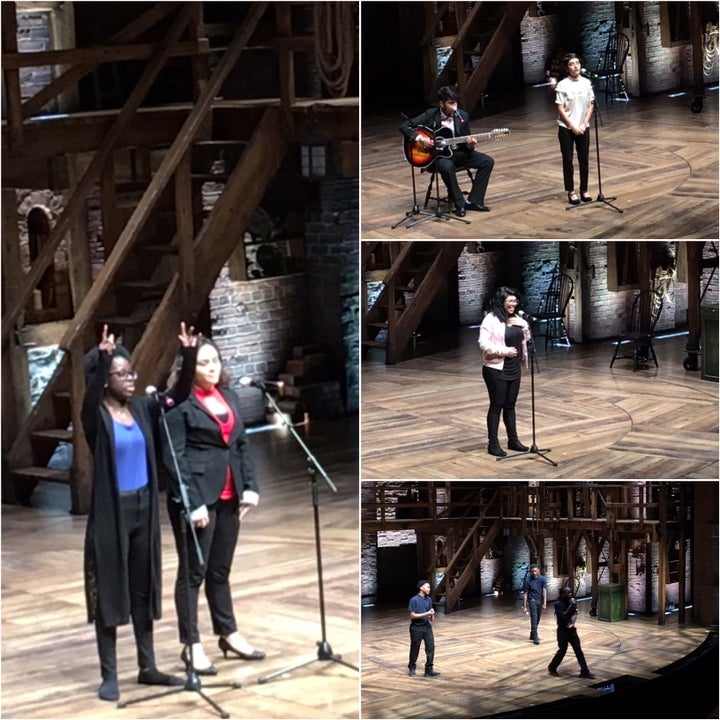 <p>Left: Julia White and Jocelyn Santos from Pritzker College Prep. Top-bottom on Right: Jesus Martinez and Cynthia Moreno from Instituti Health Sciences Career Academy; Carmen Villagomez from Epic Academy Charter High School; Xavier Fowler, Jawaun Stamps and Darnell Jackson from Camelot Academy</p>