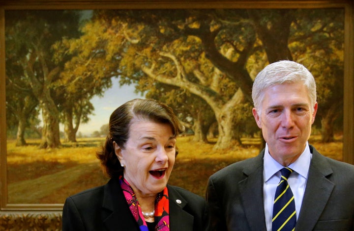 Sen. Dianne Feinstein (D-Calif.) welcomes Supreme Court nominee Judge Neil Gorsuch to her office on Feb. 6, 2017.