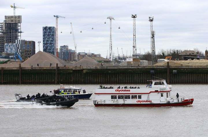 <strong>Police officers taking part in a multi-agency exercise, which will test the emergency services' response to a marauding terrorist attack in London, on the river Thames in east London.</strong>