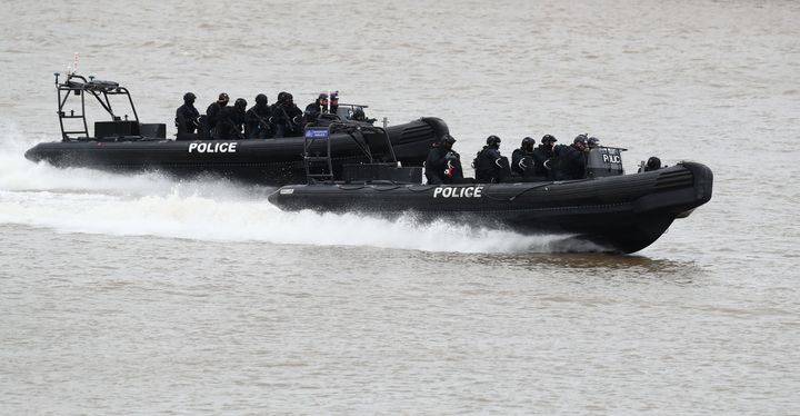 <strong>Police officers taking part in a multi-agency exercise, which will test the emergency services' response to a marauding terrorist attack in London, on the river Thames in east London</strong>