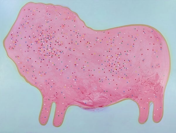 <p>Jennifer Coates, “Pink Lion Cookie,” 2016, acrylic on canvas, 72 x 96”</p>