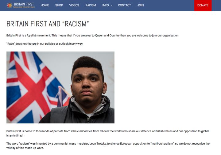 Britain's First website has a page dedicated to racism 