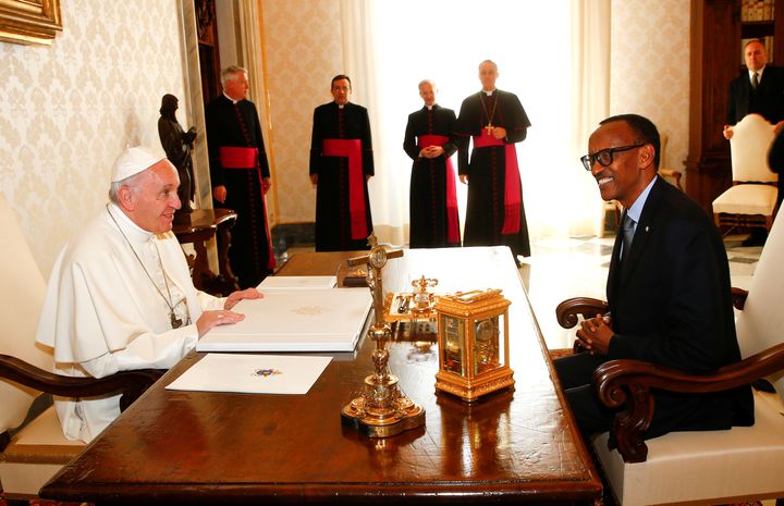 Pope Francis talks with Rwandan President Paul Kagame during a private meeting at the Vatican on March 20.