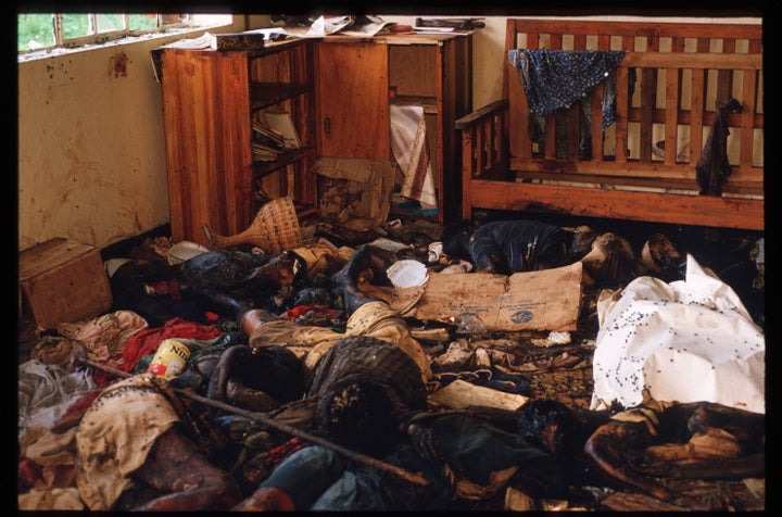 Bodies and wreckage lie on the floor of a room May 5, 1994, in Rukara, Rwanda. Hundreds of Tutsis were killed at the Rukara Catholic mission in April 1994 in one of the worst massacres of the Rwandan violence.