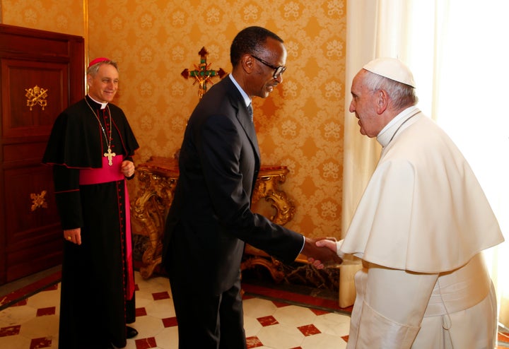 Rwanda's Kagame is welcomed by Pope Francis during the private meeting at the Vatican.