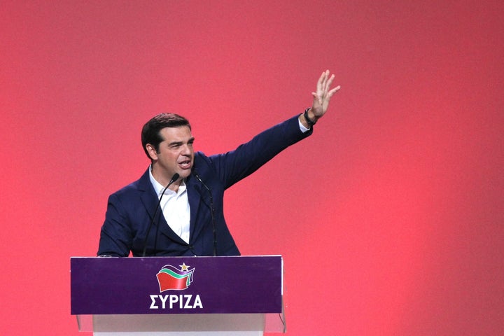 Prime Minister of Greece Alexis Tsipras delivers a speech during his Syriza party's congress. Athens. Oct. 13, 2016.